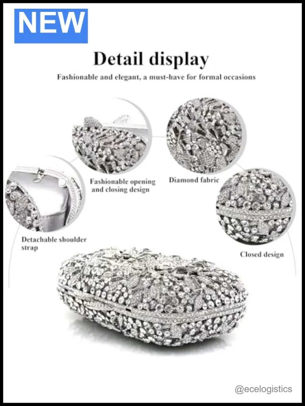 Rhinestone Clutch Purse with Detachable Chain, Sparkly Evening Bag for